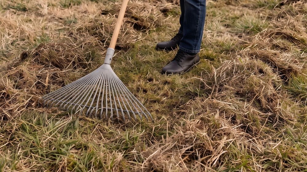 A spring-tine lawn rake with fanned, curved steel tines pulling a clump of dead thatch out of a lawn.