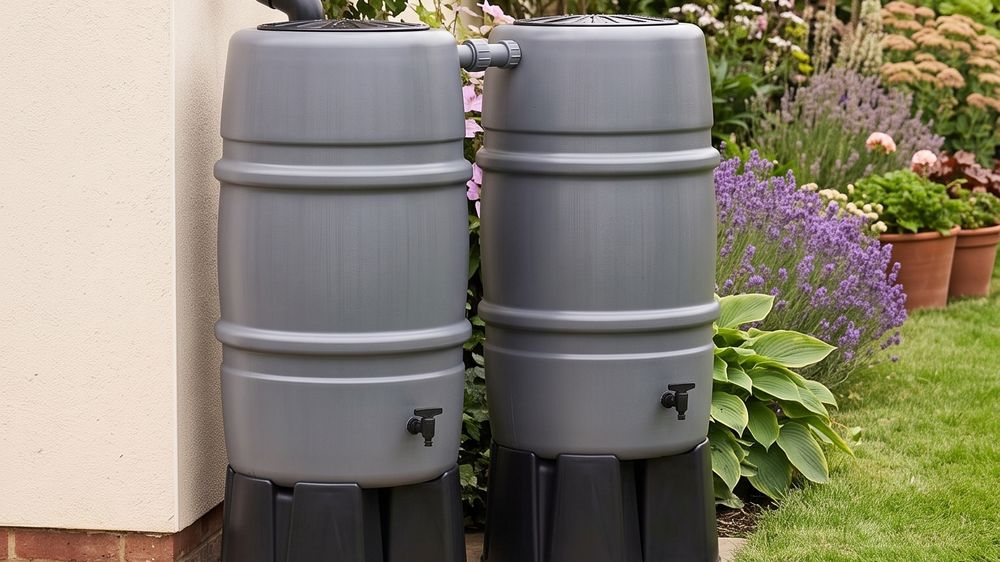 Two grey water butts on raised stands standing side by side against a house wall, linked together, beside lavender.