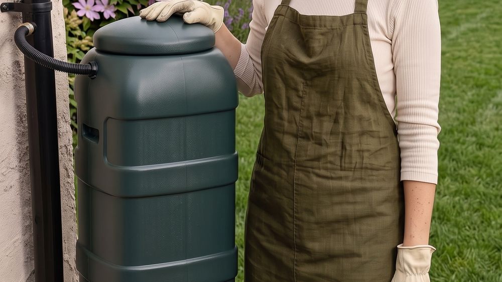 A dark green slimline 100 litre water butt on a raised black stand, connected to a downpipe, beside roses and lavender.