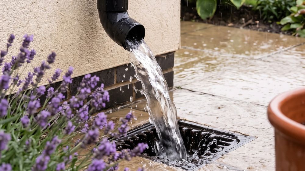 Rainwater pouring hard from a black downpipe elbow straight into a garden drain, lavender growing beside it.