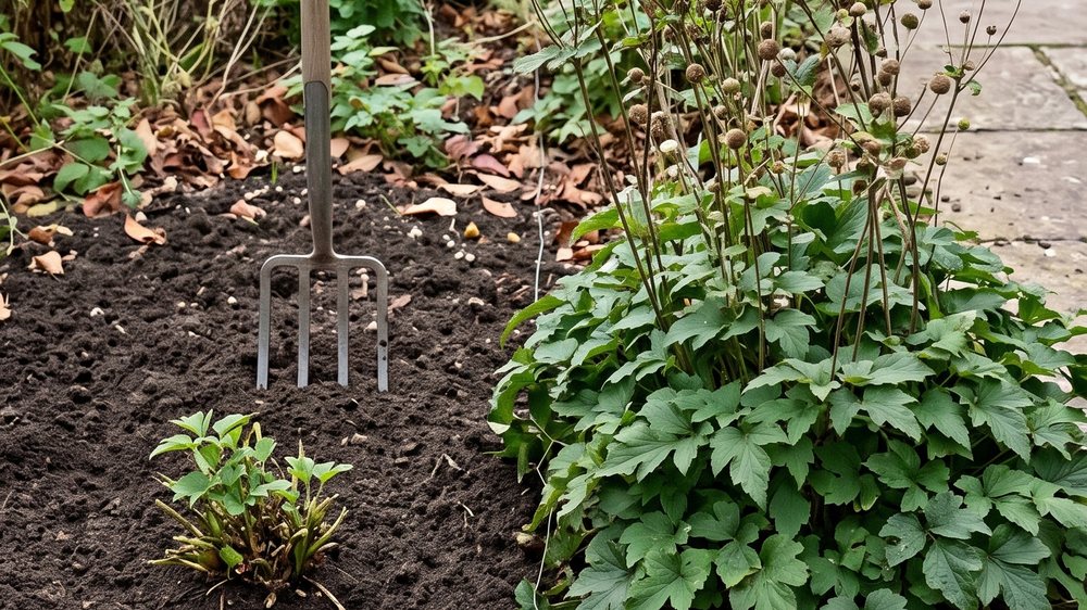 A freshly planted division in turned soil with a fork standing in the worked ground, beside an untouched clump of Japanese anemone on settled, undisturbed earth scattered with fallen leaves.
