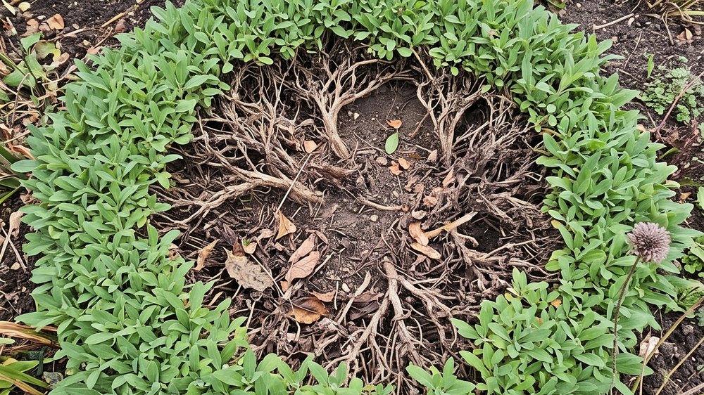 Looking down on a congested perennial clump: a broad ring of healthy green growth around a dead, bare, woody centre.