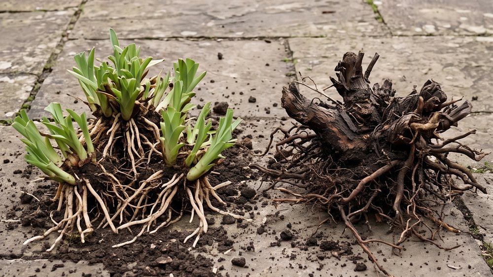 On paving, fresh divisions with pale roots and green shoots on the left, and the discarded old centre of the clump on the right: a dark woody gnarled lump with no shoots on it.