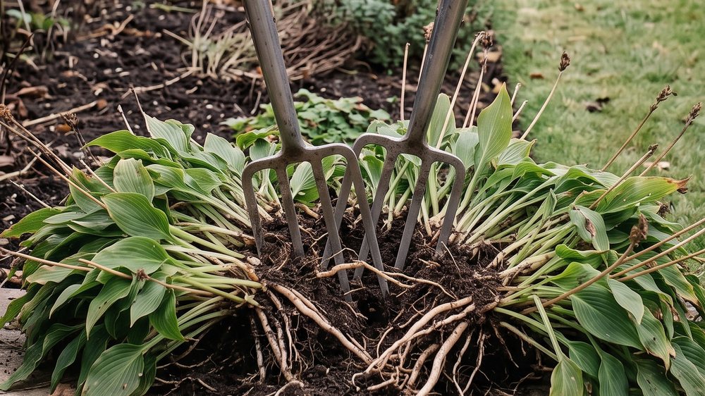 Two garden forks driven back to back through the crown of a hosta clump, tines interleaved, the clump splitting open down the middle with pale roots stretching across the gap.