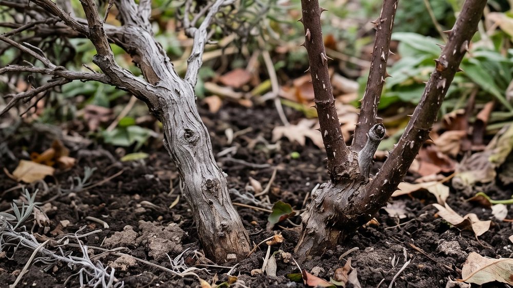 Ground-level view of the base of a lavender bush, one gnarled grey woody trunk, beside the base of a shrub rose with three rigid thorny brown canes rising from one point in the soil.