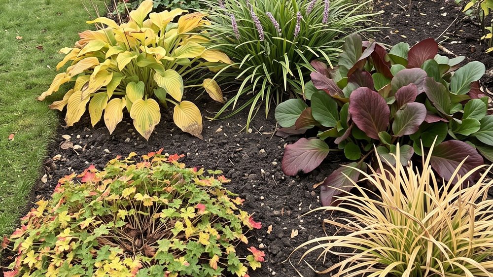 Several separate rounded clumps of herbaceous perennials side by side in an autumn border: a yellowing hosta, a strappy liriope tussock, a maroon-flushed bergenia, a hardy geranium turning red, and straw-coloured day lily foliage.
