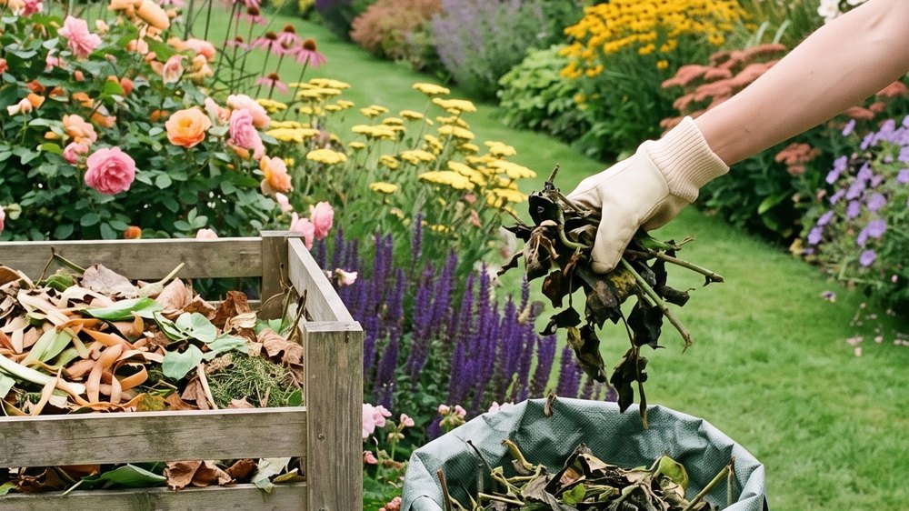 Blackened diseased cuttings being dropped into an open green garden waste sack, with a wooden compost bay standing clearly separate beside it.
