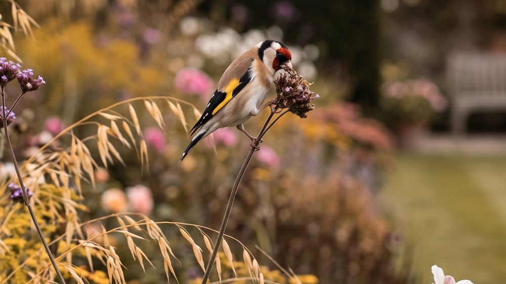 A goldfinch perched on a dry seedhead in the border, feeding on the seeds.