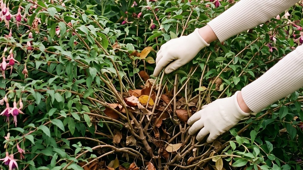 A gloved hand parting the stems of a hardy fuchsia to reveal the congested woody crown at soil level, with dead growth and fallen leaves heaped around it.