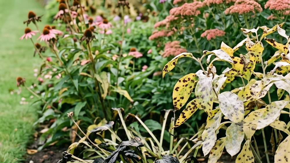 A collapsed clump of perennial foliage lying slumped and blackened on the soil, with other leaves nearby yellowed and marked with dark fungal spots.