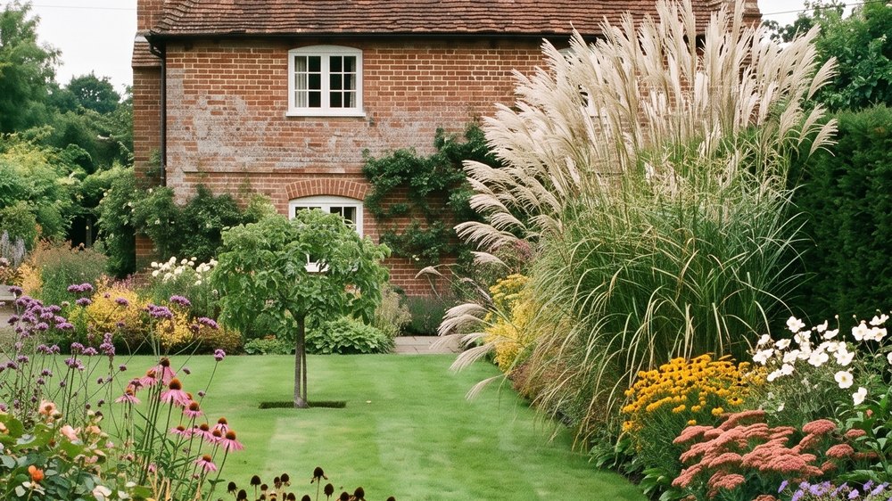 A tall clump of ornamental grass, its plumes bleached to pale straw and silver, arching above the faded perennials against a dark yew hedge.