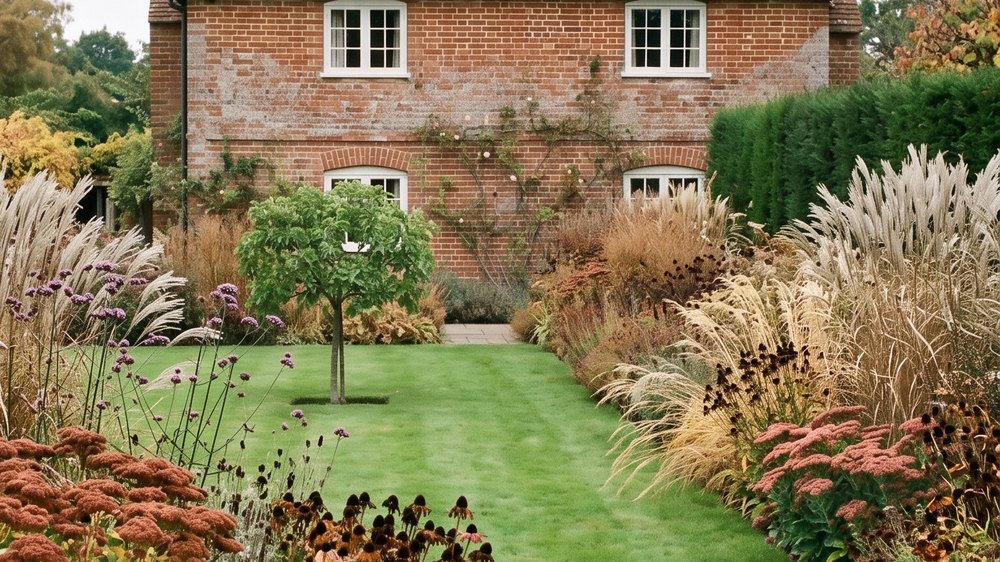 A deep autumn border left standing: rusty sedum heads, pale arching grass plumes and dark seed cones against a clipped yew hedge.