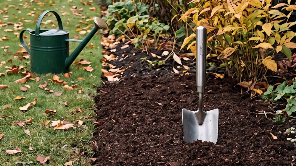 A thick band of dark compost mulch spread at the foot of a clipped yew hedge, a trowel standing upright in it to show the depth.