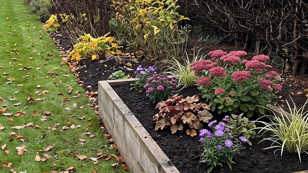 A low timber raised bed built in front of a clipped hedge, filled with fresh topsoil and planted with healthy perennials.