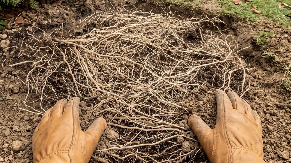 A shallow hole scraped at the foot of a hedge, its floor a dense mat of fine pale roots with gloved hands pushing the soil aside.