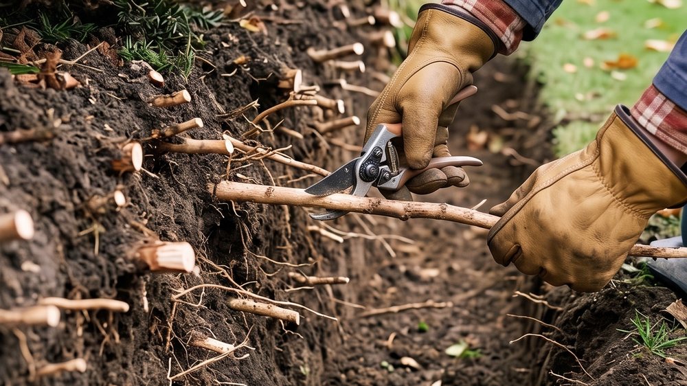 Secateurs closing on a pencil-thick root inside a narrow trench, the trench wall studded with the pale cut ends of severed fine roots.