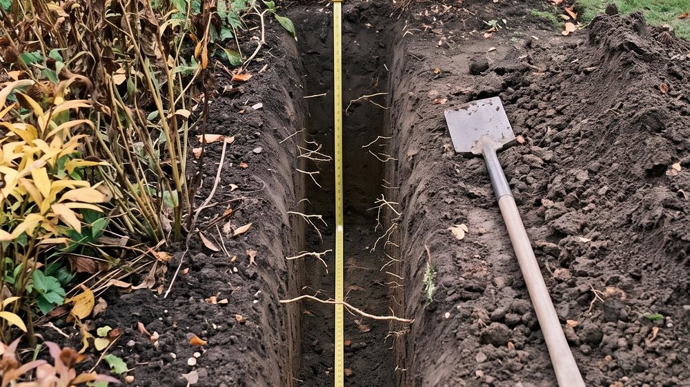 A deep narrow trench dug along the foot of a yew hedge with a tape measure hanging down its full depth and a mattock on the soil beside it.