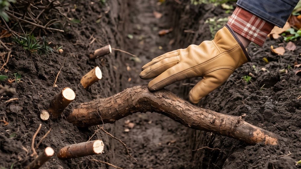 A thick woody root crossing the floor of a trench, left uncut, beside a row of much thinner roots with clean pale cut ends in the trench wall.
