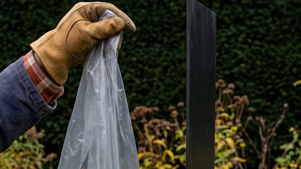 A limp translucent polythene bag hanging from a gloved hand beside a rigid black plastic panel standing stiffly on its own.