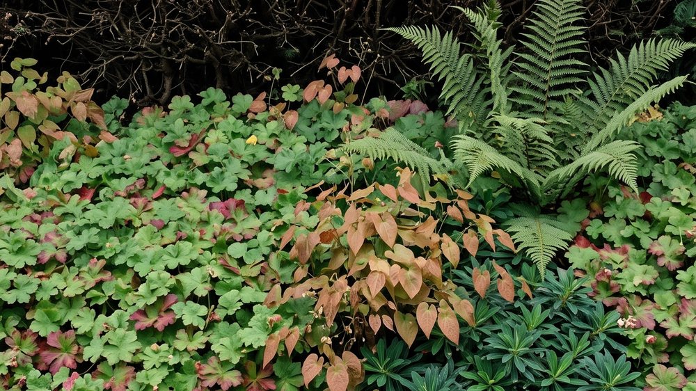 A dense healthy carpet of geranium, epimedium and euphorbia growing at the foot of a dark clipped hedge.
