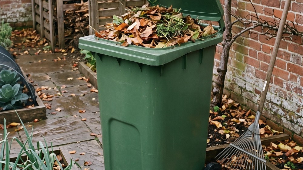 A green council garden waste wheelie bin standing open on a wet path, heaped with fallen leaves, a rake leaning against the wall beside it.