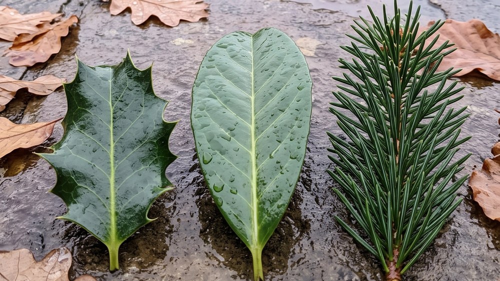 Three evergreen leaves laid in a row on wet stone: a spiny holly leaf, a broad glossy laurel leaf and a conifer sprig, with brown deciduous leaves scattered around them.