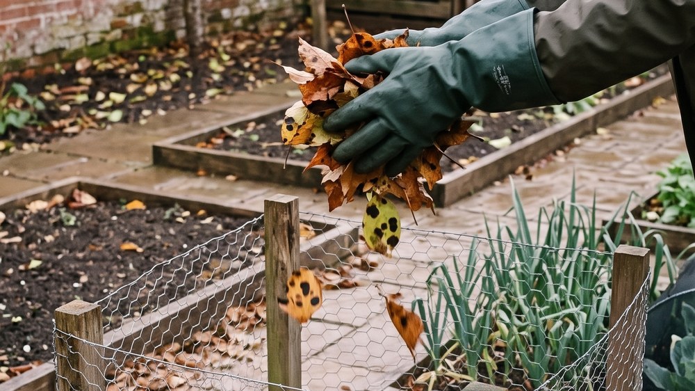 A gloved hand dropping a double handful of brown and spotted autumn leaves into a square wire-mesh leaf cage standing on a path in a kitchen garden.