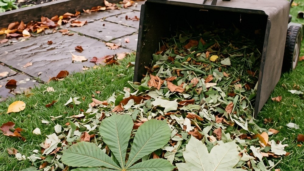 A cylinder mower on a wet lawn with its box off, beside scattered large horse chestnut and sycamore leaves, some already chopped into fragments.