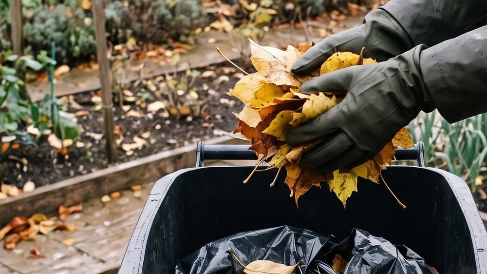 Gloved hands holding a double handful of yellow autumn leaves above an open black wheelie bin lined with a black bin bag.