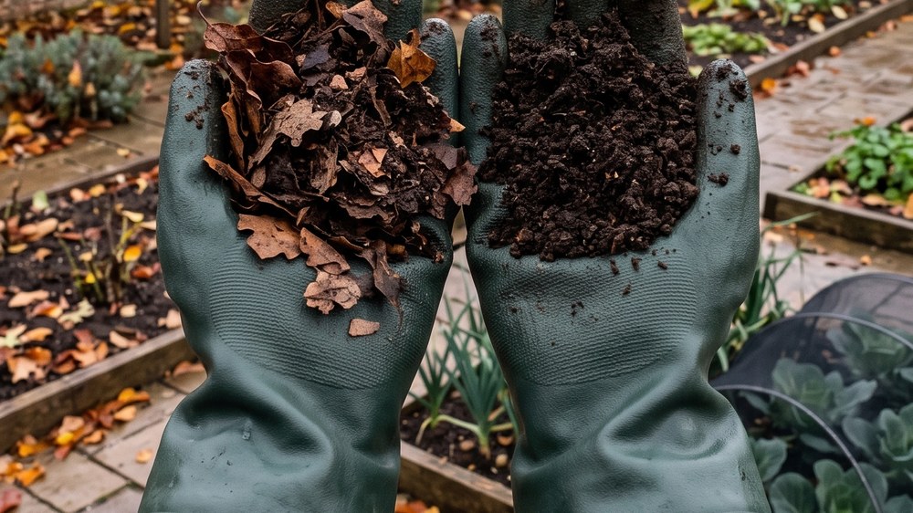 Two gloved hands held side by side, the left holding coarse flaky part-rotted brown leaves, the right holding fine dark crumbly leaf mould.