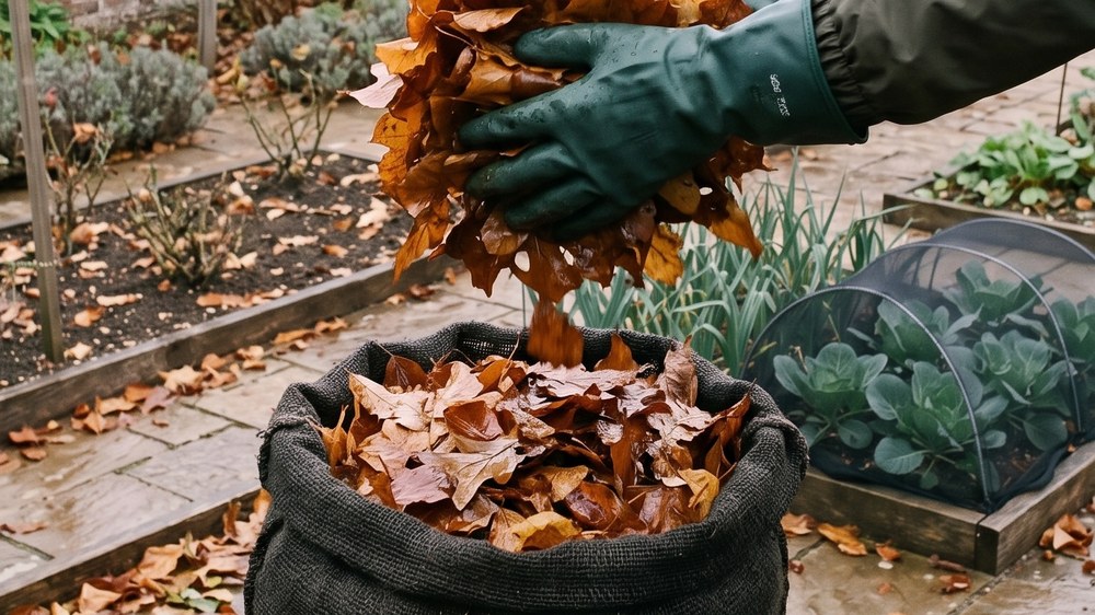 Gloved hands pressing a double armful of wet brown leaves down into a hessian sack standing open on a garden path.