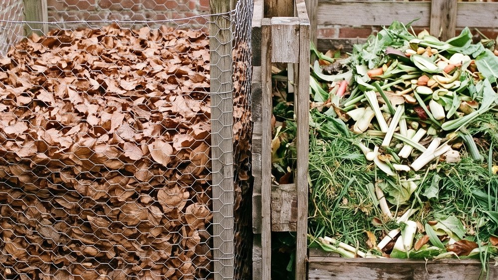 Two wooden compost bays side by side: the left one packed solid with brown fallen leaves behind wire, the right one filled with green grass clippings and vegetable waste.