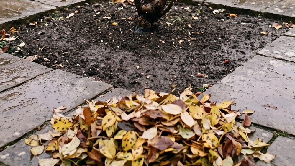 Bare dark soil under a pruned rose, swept clean, with the raked-up yellow leaves heaped on the paving in front of it, their black spots clearly visible.