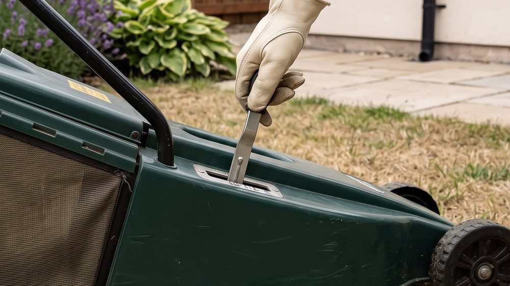 A gloved hand moving the height-adjustment lever on the side of a green push mower to its highest setting.