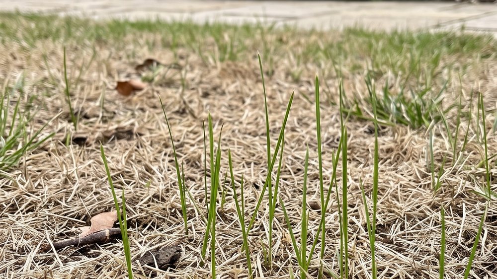 Macro view of slender bright green new grass blades standing upright among flattened pale straw-coloured dead grass.