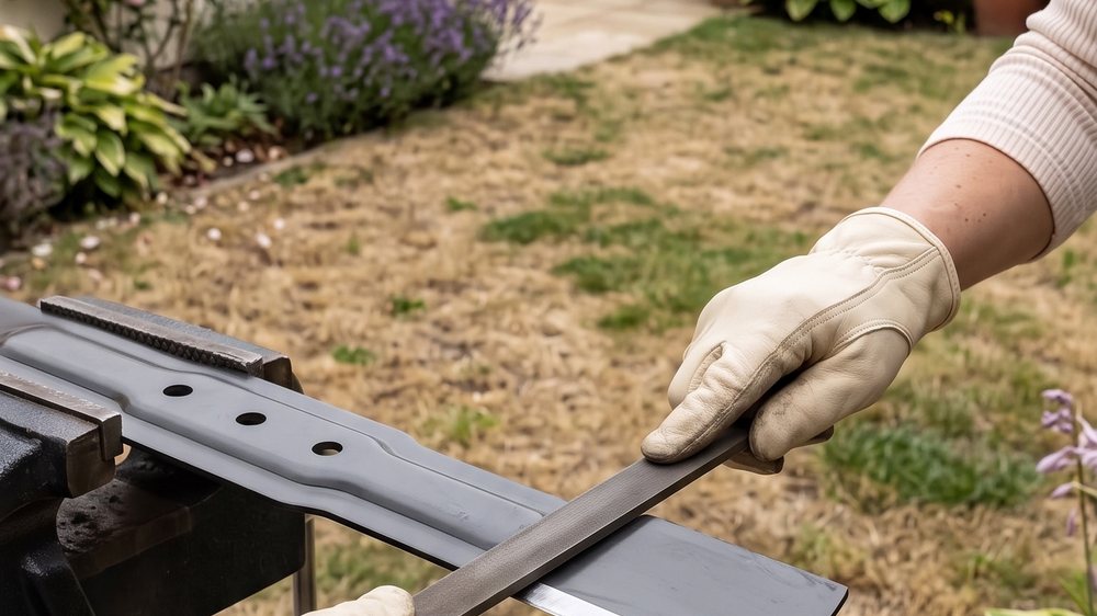 A lawnmower blade clamped flat in a vice with a gloved hand drawing a flat metal file along its cutting edge.