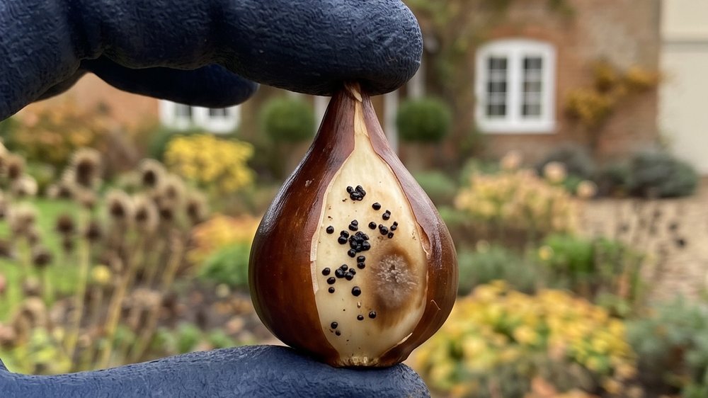 Macro of a tulip bulb with its glossy chestnut tunic peeled back, showing small hard black specks scattered on the pale flesh beside a sunken brown patch of decay.