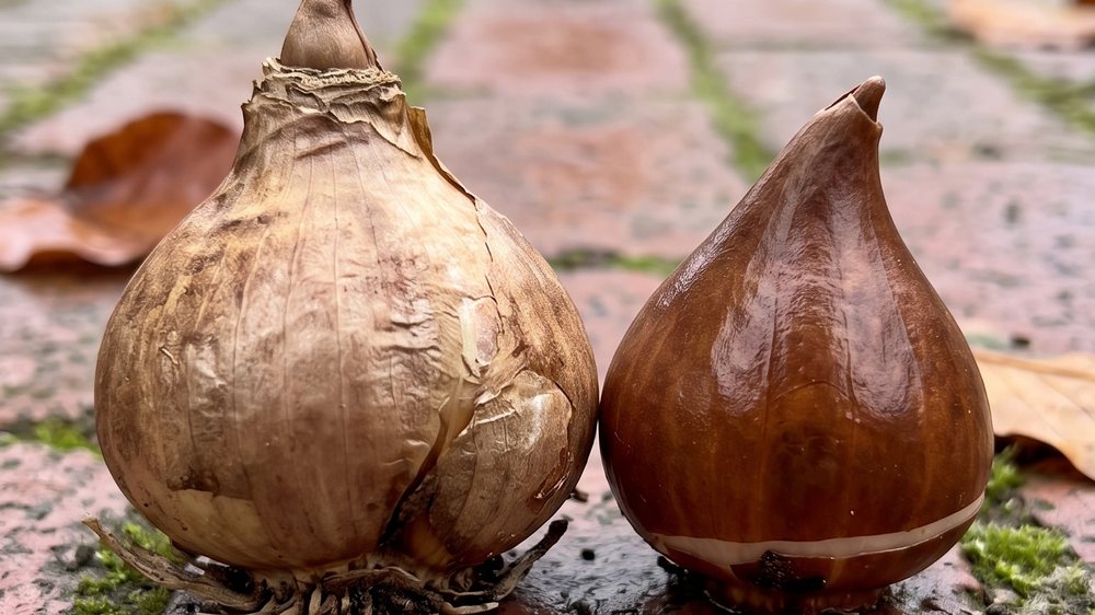 A daffodil bulb and a tulip bulb side by side on a damp brick path: the daffodil fat, rounded and matt papery; the tulip smaller, teardrop-shaped and glossy dark chestnut.