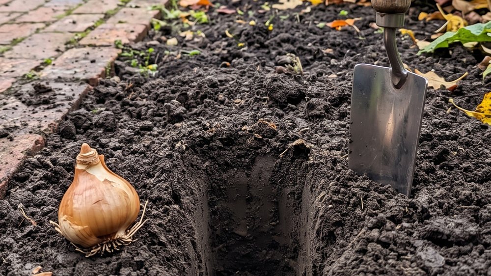 A narrow planting hole dug straight down into dark damp soil, seen from the side with a trowel standing beside it, the hole roughly three times as deep as the daffodil bulb lying next to it is tall.