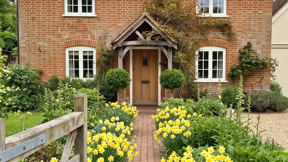 A drift of yellow daffodils in full flower along a red brick path leading to the porch of a brick cottage in spring.