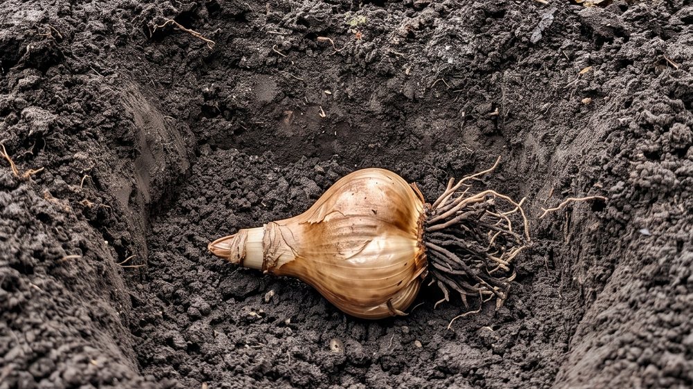 A daffodil bulb lying horizontally at the bottom of a deep planting hole, its pointed nose facing sideways and its flat root plate facing the opposite wall of the hole.