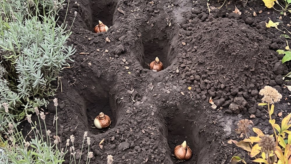 Several deep planting holes dug in a loose drift through worked border soil, each with a daffodil bulb sitting at the bottom, well below the surface.