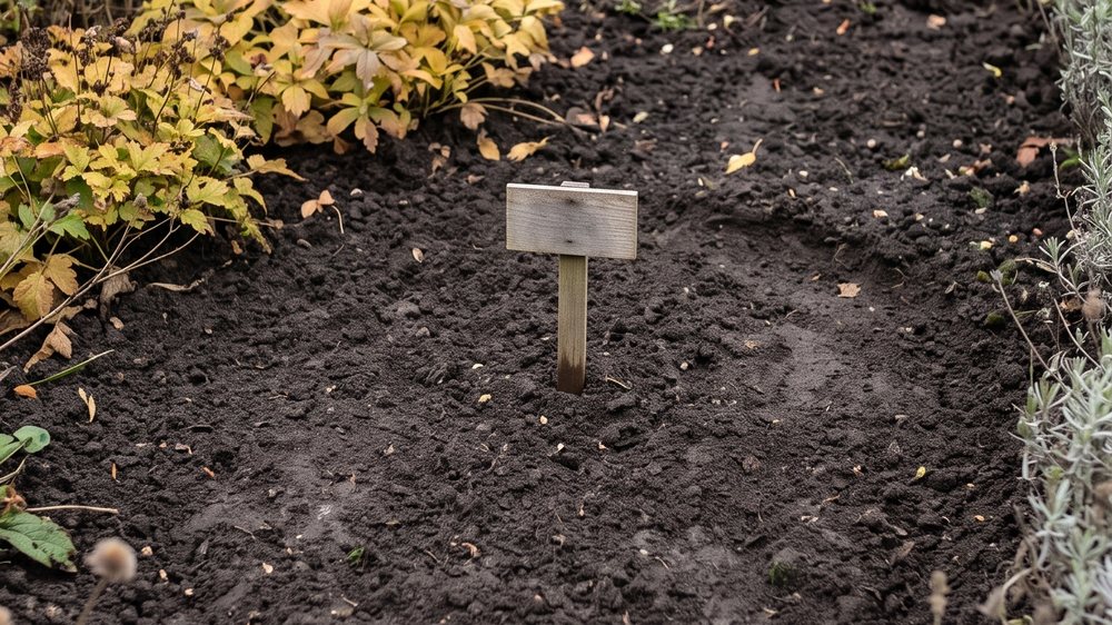 A bare, undisturbed patch of border soil with a small blank wooden plant label pushed into it, while freshly worked soil is visible at the edge of the frame.