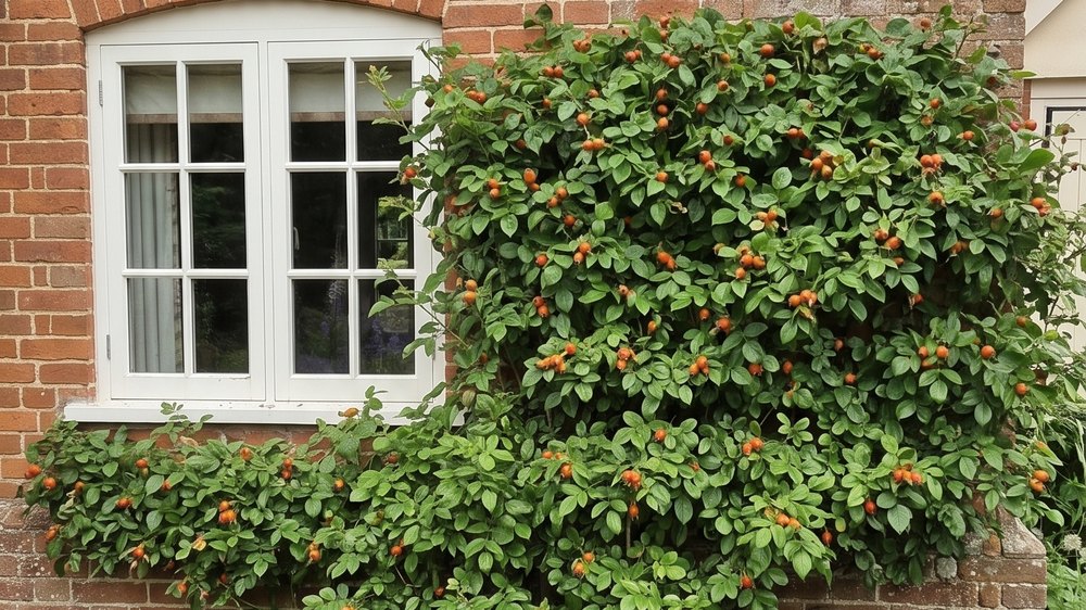 The same rose after the autumn tidy: still a full leafy bush, spent flowers gone, hips still on it, trimmings swept up.