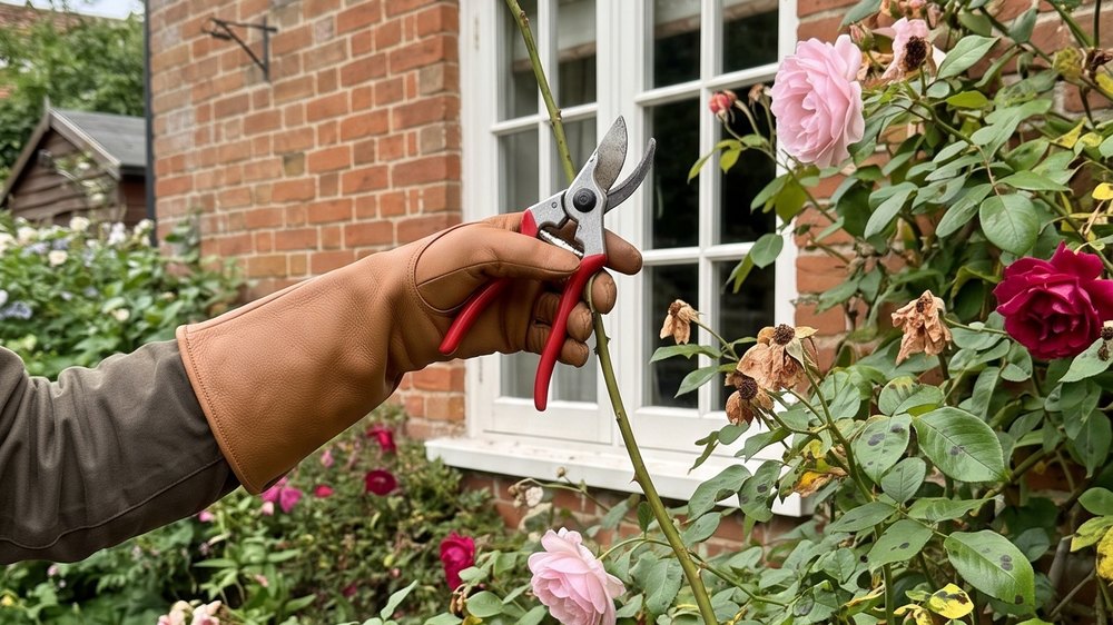 A gloved hand closing secateurs on one long whippy rose stem high up, near the top of the plant.