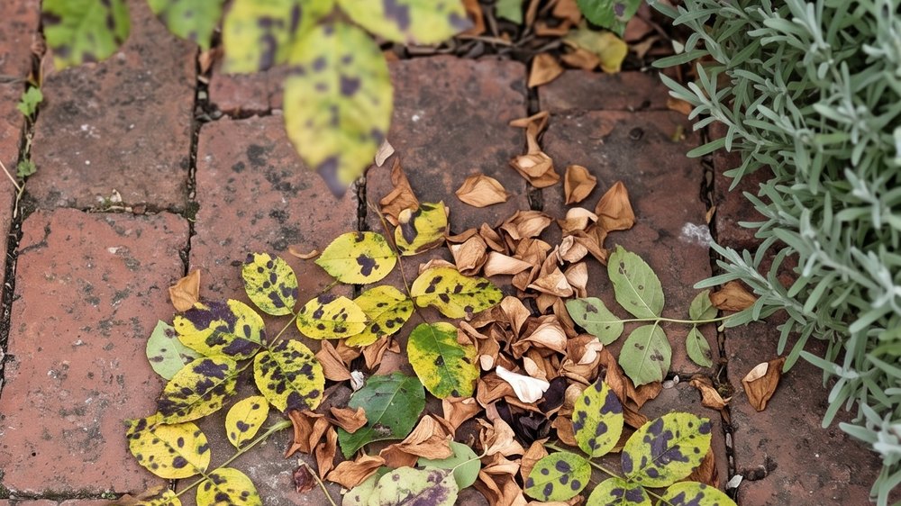 Fallen rose leaves on brick paving, yellowed and marked with dark purple-black blackspot blotches.