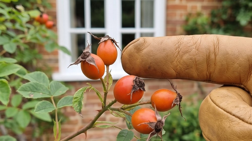 A close view of small orange-red rose hips on the stem, with a gloved fingertip behind them for scale.