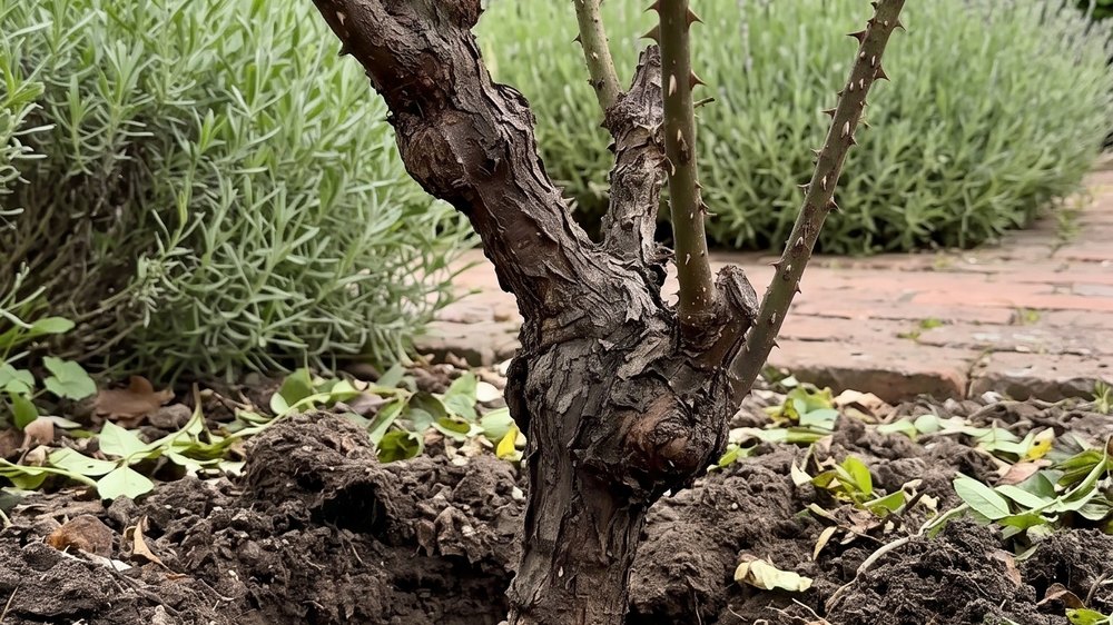 The base of a rose bush where the thorny woody stems enter the soil, with the earth rocked loose and an open crater ringing the crown.