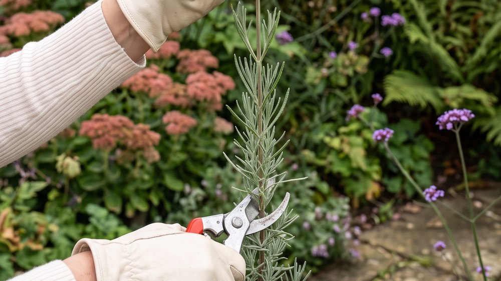 A single lavender stem held upright in a gloved hand, with secateur blades closing on it a couple of centimetres into the leafy green section.