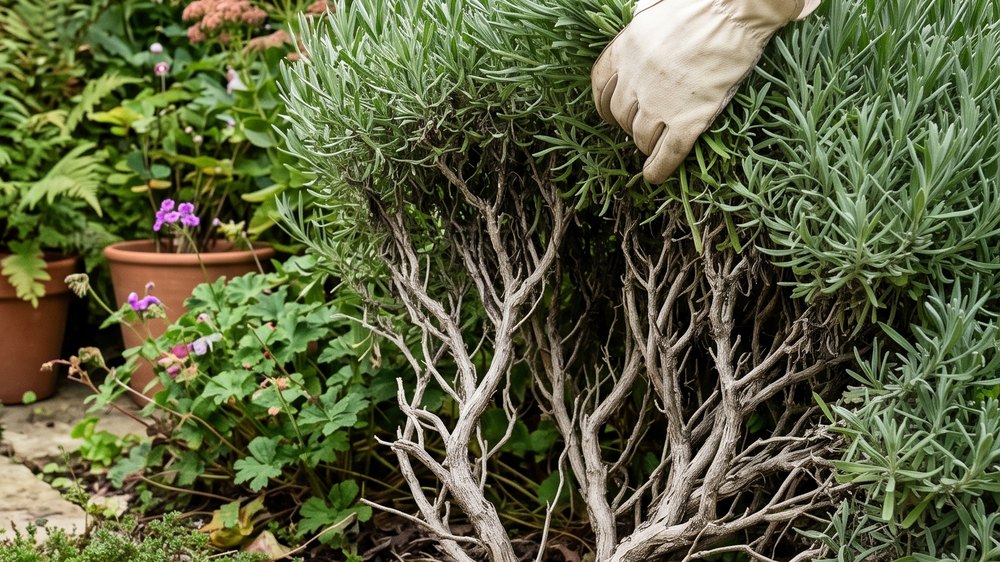 A gloved hand lifting the grey-green foliage of a lavender bush aside to reveal a framework of bare, gnarled, pale grey woody stems underneath.